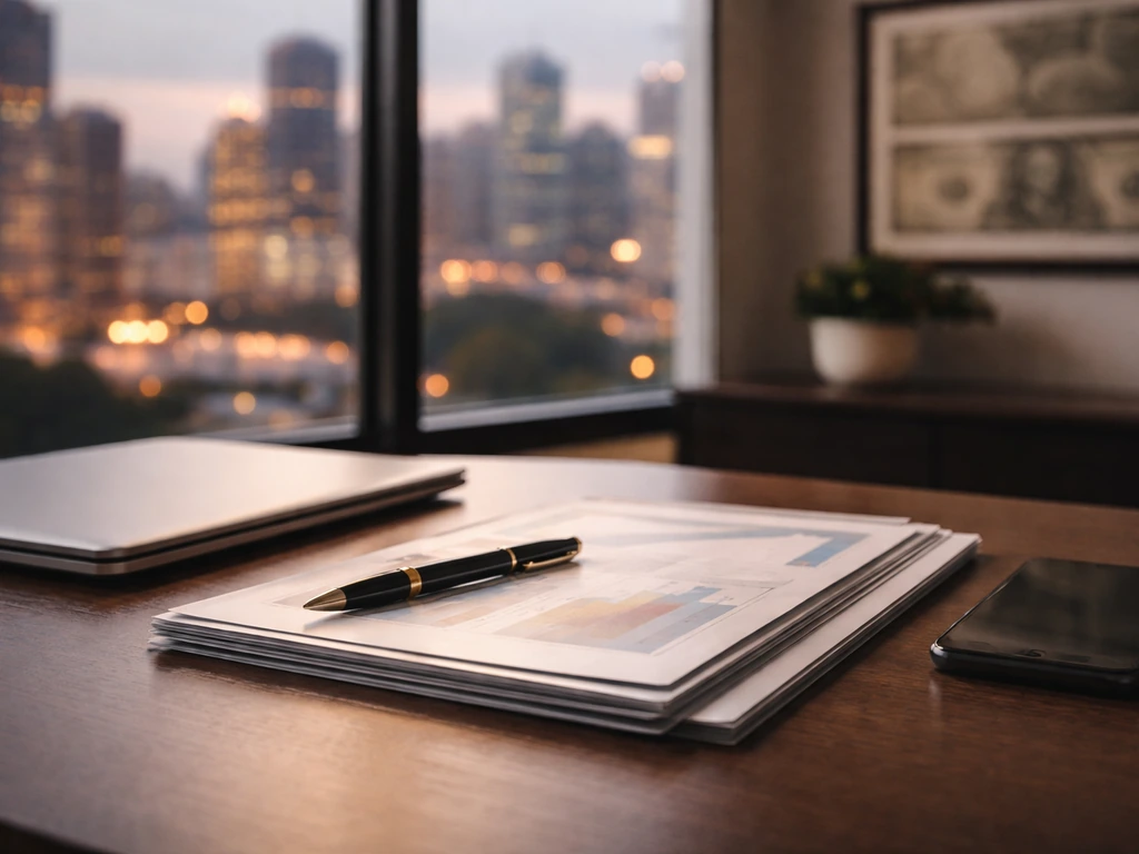 Tidy office desk with documents, pen, and smartphone suggesting advisory fees and investment portfolios