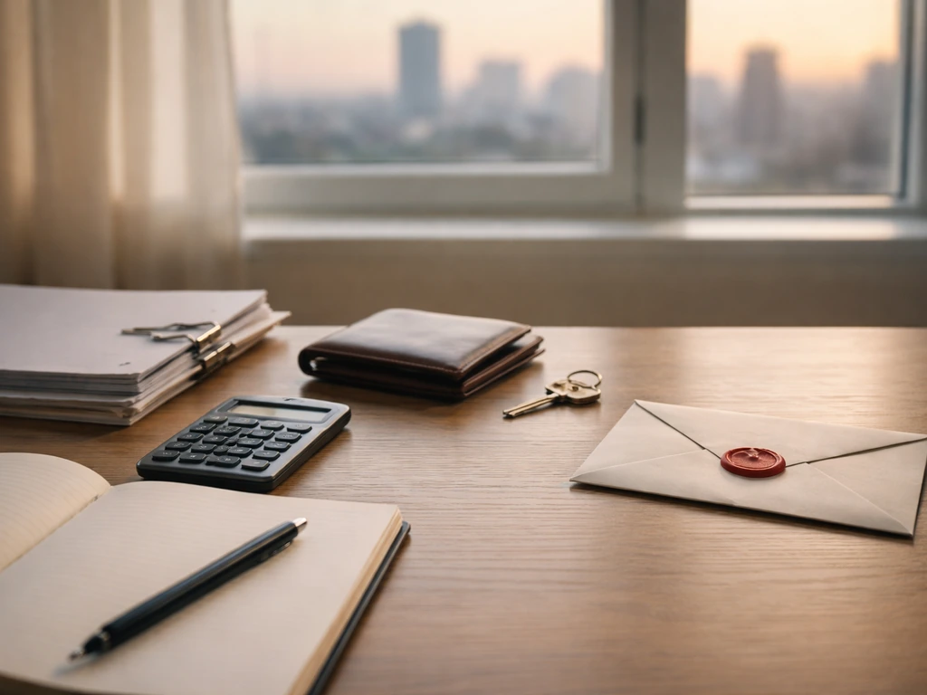 Minimal desk with calculator, wallet, key, and papers suggesting assets and liabilities for net worth.