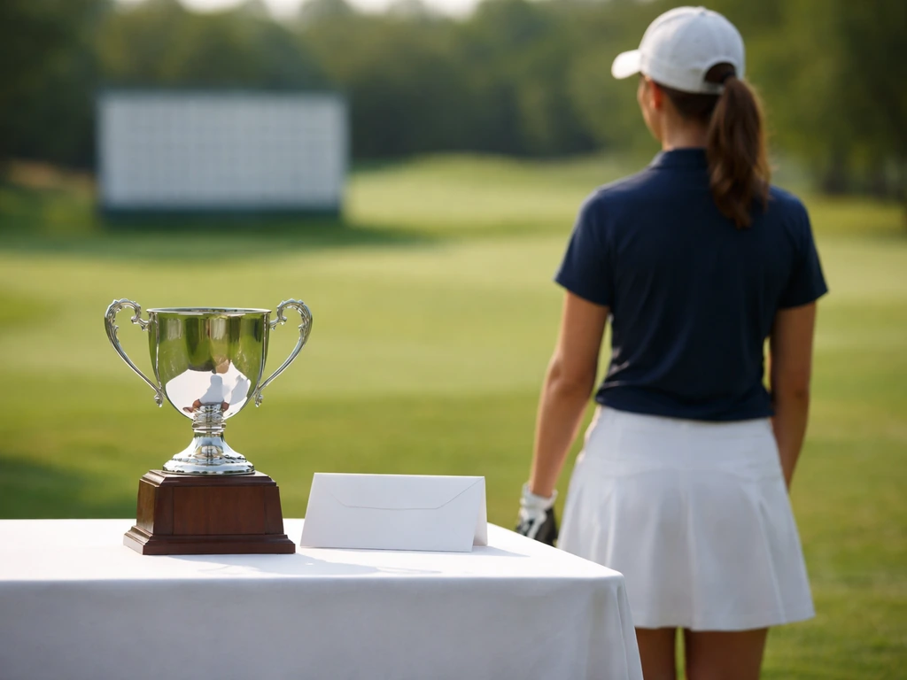 Generic golf award moment with trophy and blurred prize display on a quiet course table.