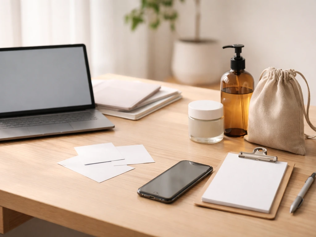 Minimal desk scene with a smartphone, a few business documents, and a small portfolio of consumer-product items