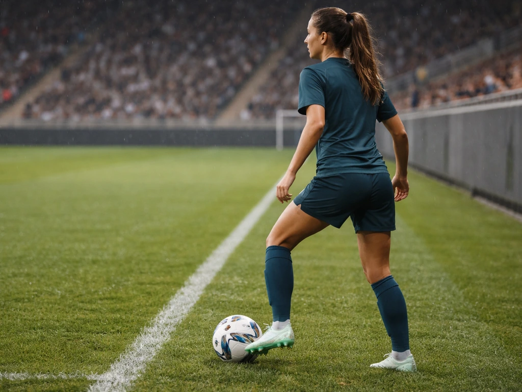 NWSL-style right-back on a soccer pitch in match-day kit controlling the ball near the sideline.