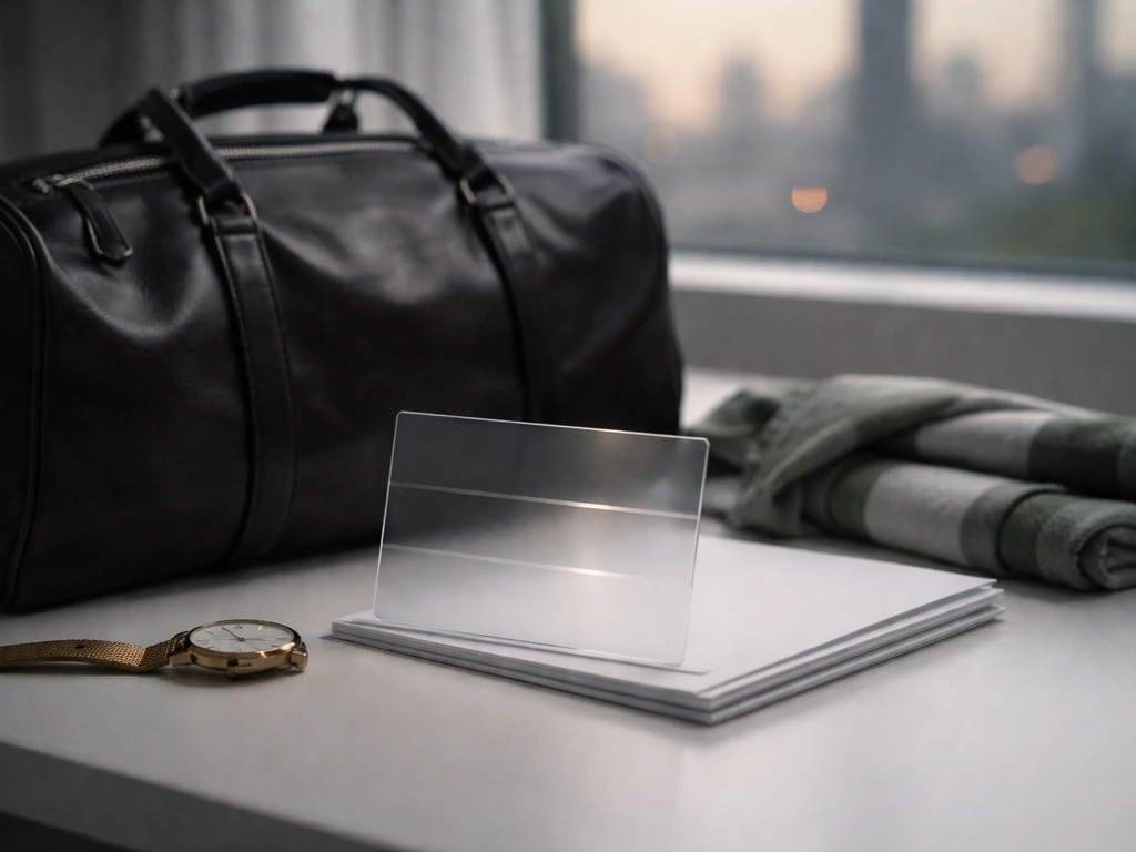 Minimal desk scene with soccer duffel and scarf beside blank papers and subtle tier-like metallic highlights.
