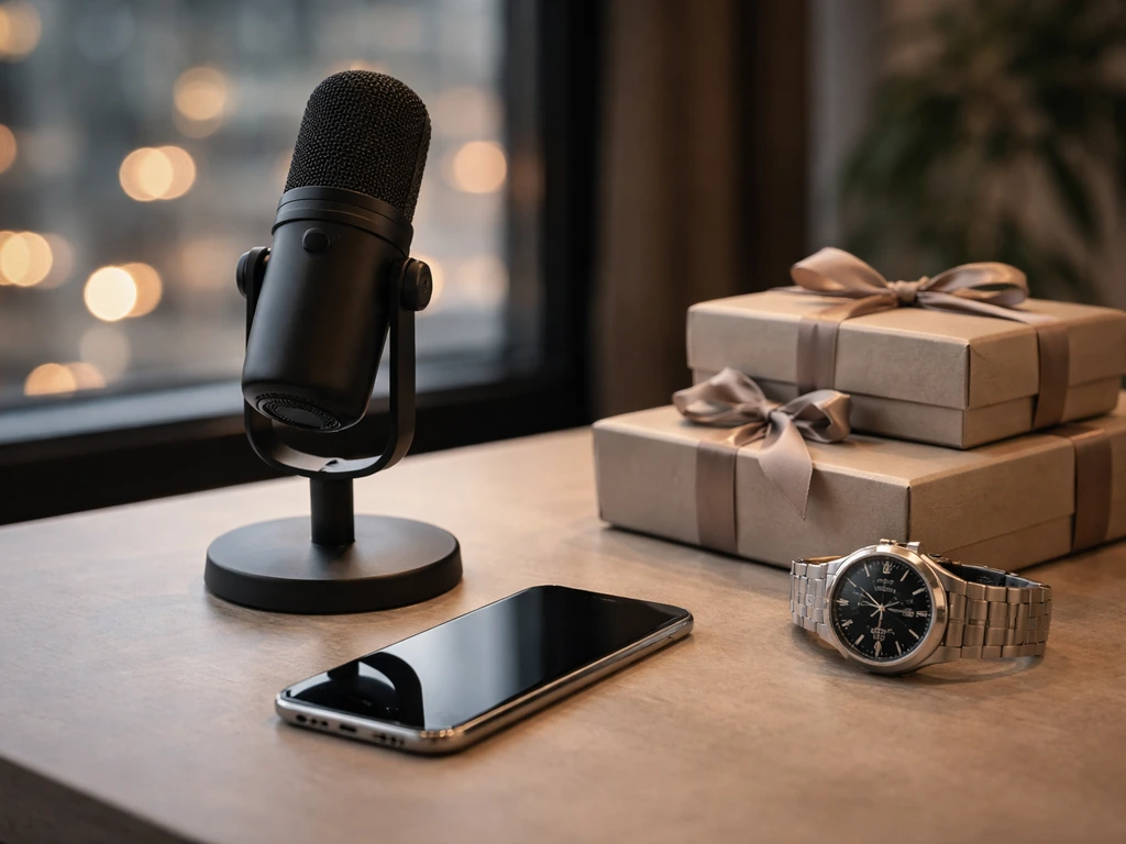 Minimal luxury desk scene with a studio microphone and branded-looking sponsorship items, symbolizing endorsements