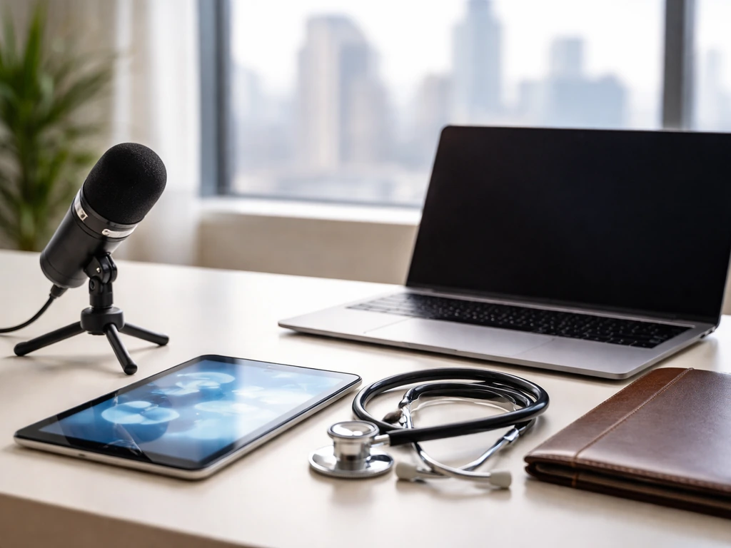 Minimal office scene with physician-like medical tech cues and a subtle wealth symbolism vibe