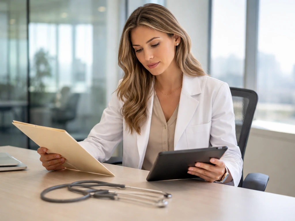 Anonymous doctor in a healthtech office reviewing paperwork and a tablet by a window.