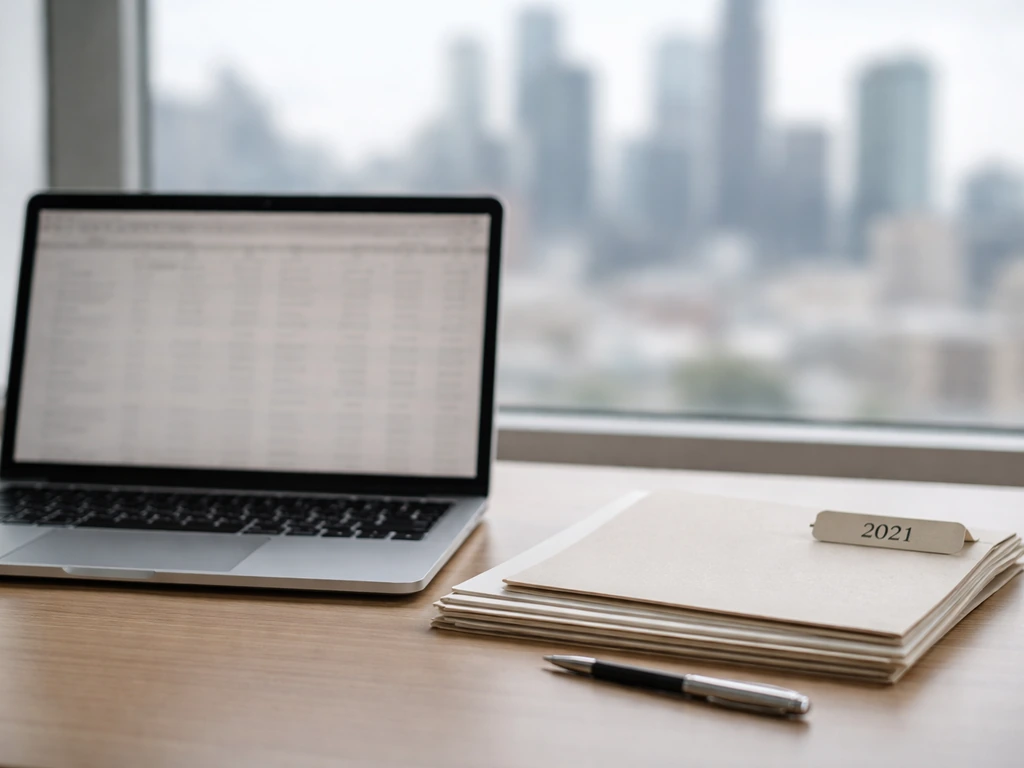 Minimal photo of a laptop with a blurred finance spreadsheet and a 2021 document folder on a desk.