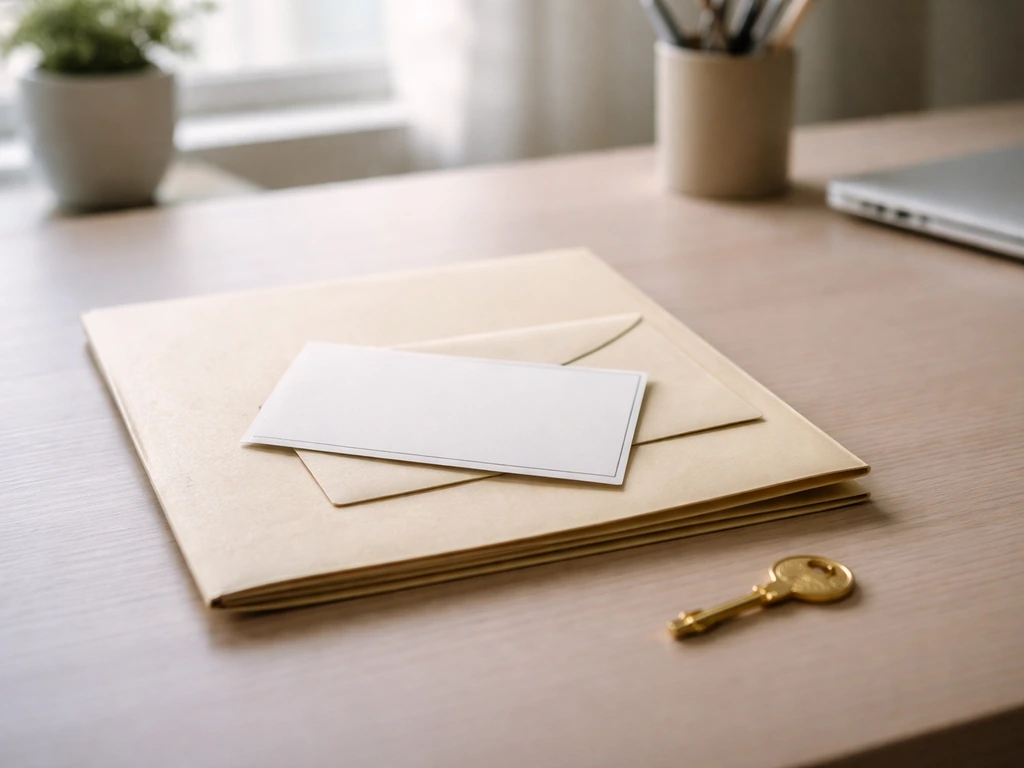 Sunlit modern office desk with a single share certificate folder and a gold key symbolizing ownership.