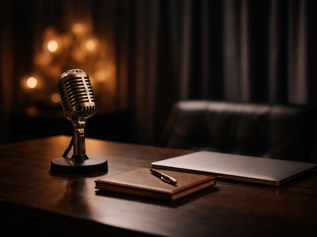 Minimal studio scene with a microphone, dark curtains, and a subtle luxury vibe symbolizing media and wealth analysis