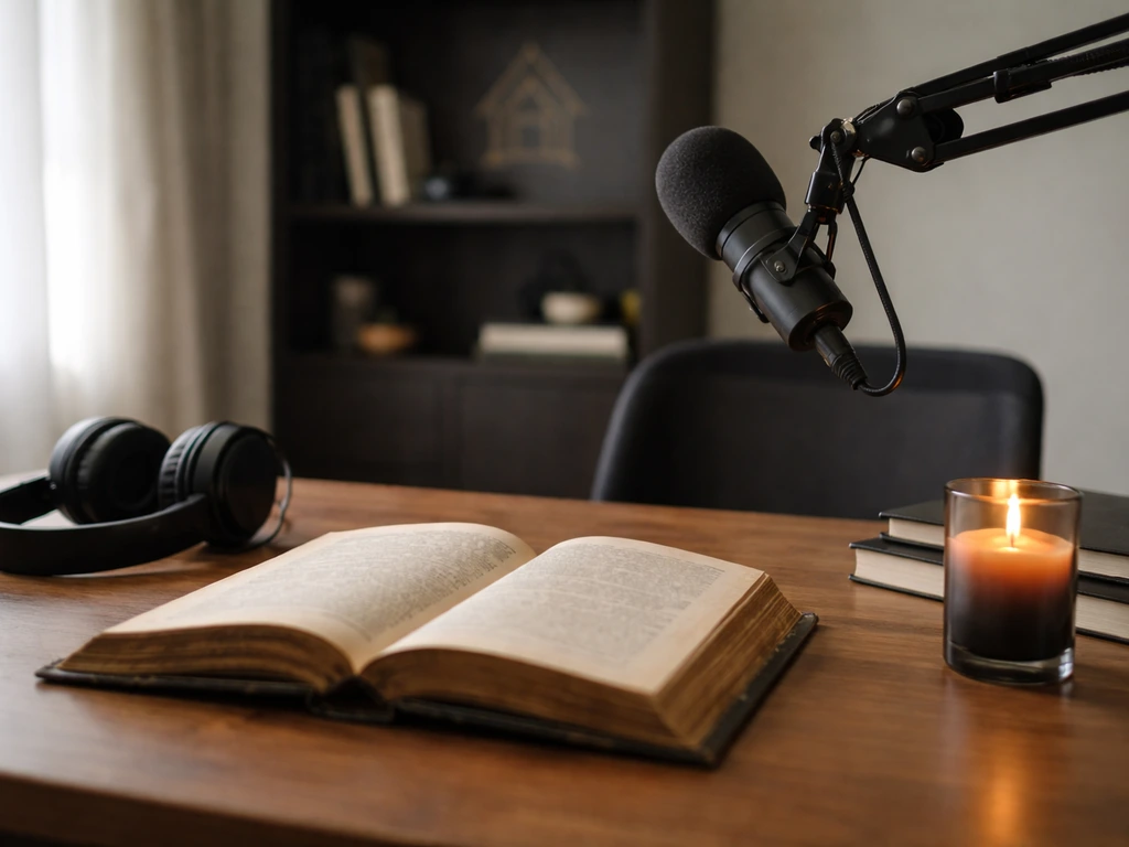 Minimal office desk with studio microphone and stacked books, symbolizing media and publishing.