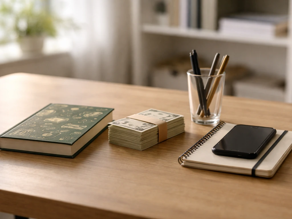 Minimal desk with a book, money-like props, notebook, and phone symbolizing net worth calculations.