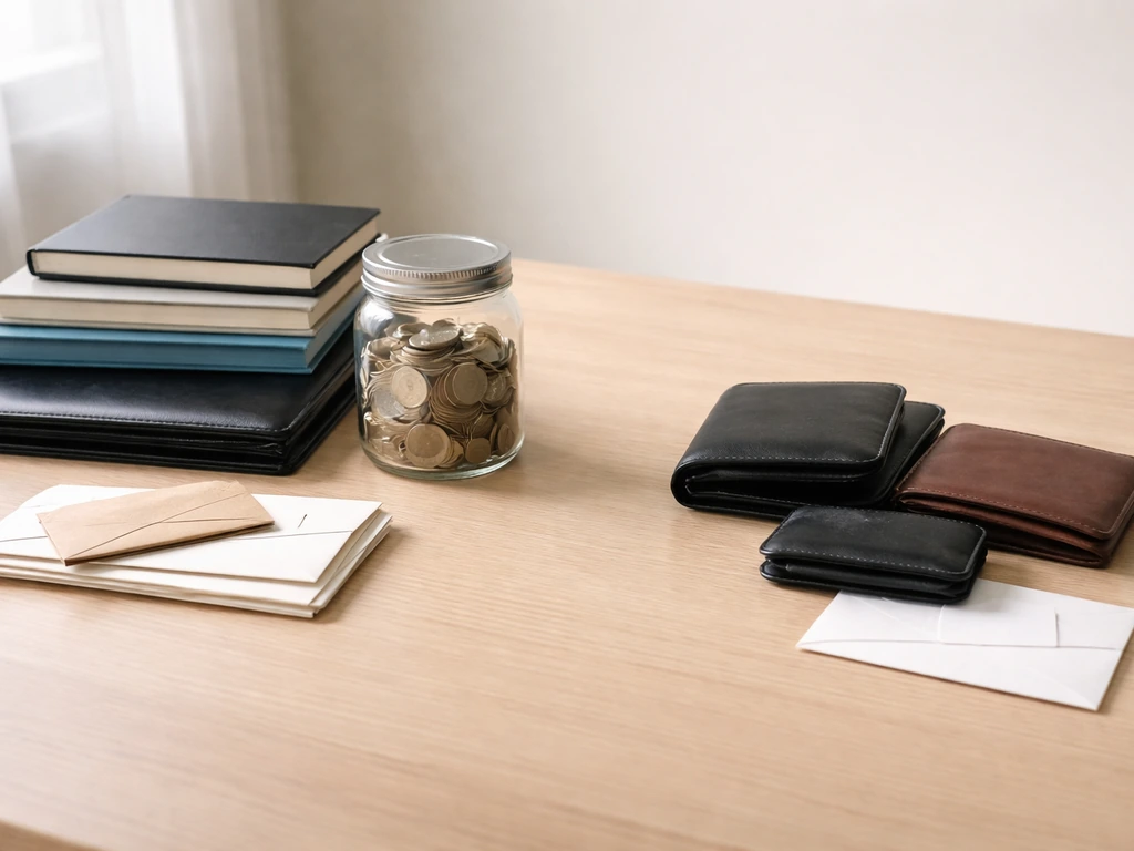 Minimal desk scene with books and savings jar on one side and mostly empty wallets on the other.
