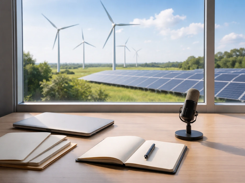 Wind turbines and a solar panel array beside a clean office desk with financial documents, symbolizing renewable energy