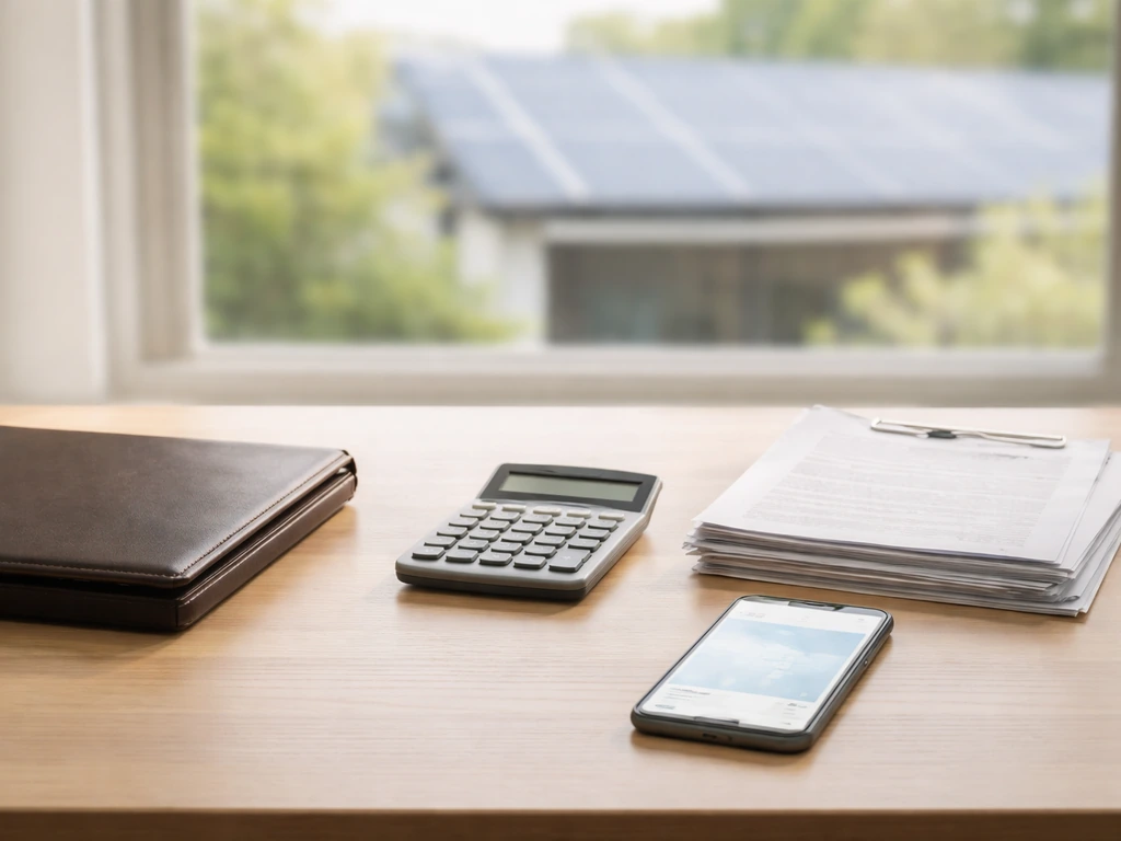 Minimal desk with calculator and documents beside a sunlit rooftop solar panels view, symbolizing net worth.