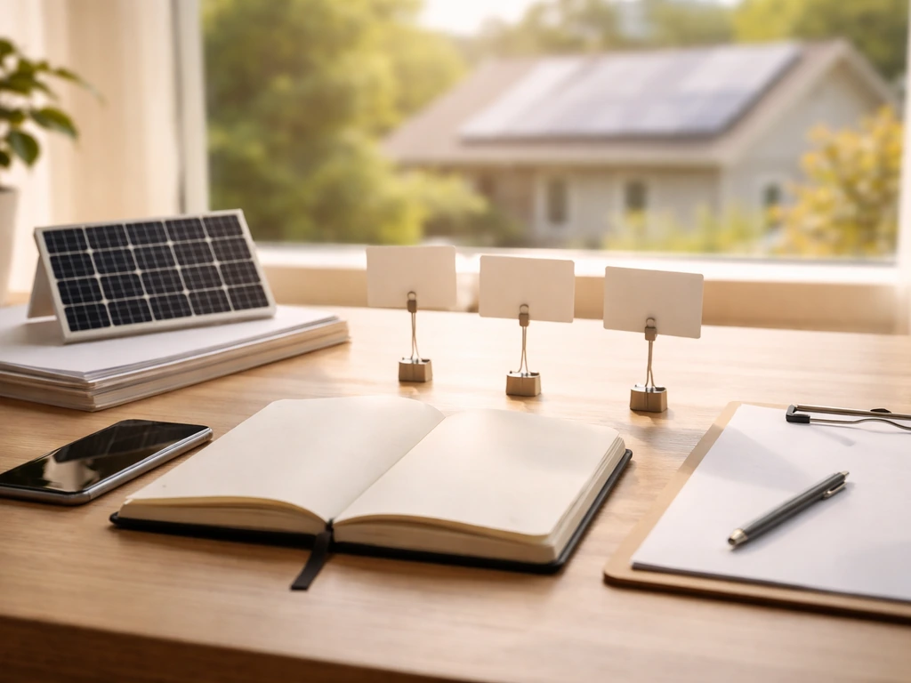Minimal desk scene with a small solar panel, blank documents, and an out-of-focus rooftop with solar panels.