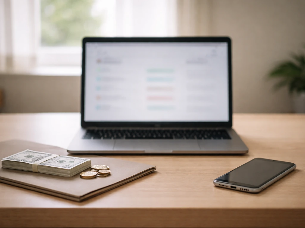 Minimal desk scene with scattered money and a laptop showing blurred, unreadable net-worth sites
