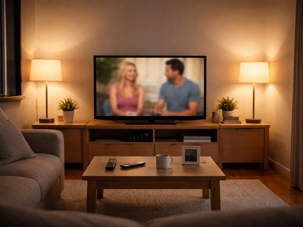 Minimal living-room scene with a muted TV glow suggesting TLC-style reality TV income era