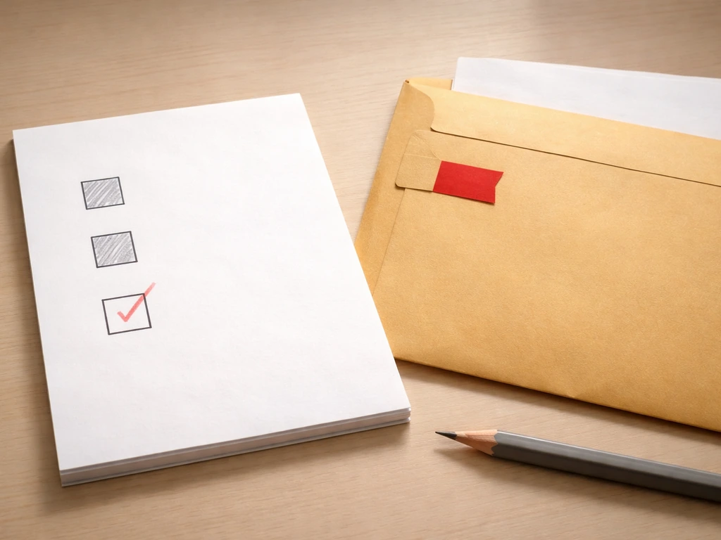 Close-up of a simple notepad with a checked item and a red-flagged box beside an unlabeled contract envelope