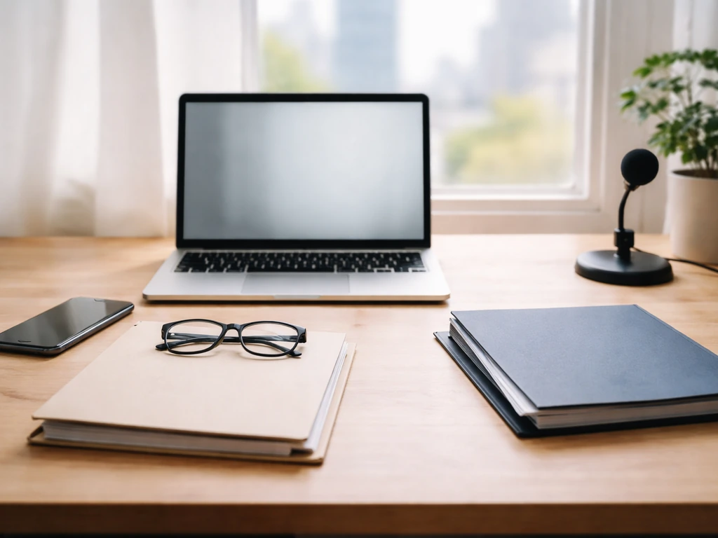 Minimal desk scene with open laptop, phone, glasses, and two folders symbolizing comparing same-name public figures.