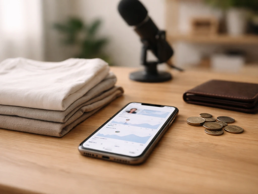 Minimal desk scene with smartphone displaying a generic social-media profile and cash-like items nearby