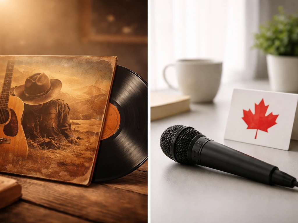 Two-panel split image: country vinyl and album sleeve on one side, microphone on the other.