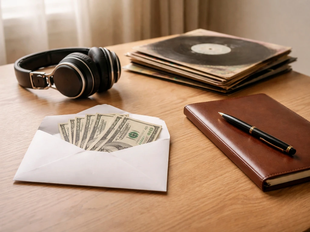 Minimal music-themed desk with headphones, vinyl records, a music notebook, and an envelope suggesting royalty income.
