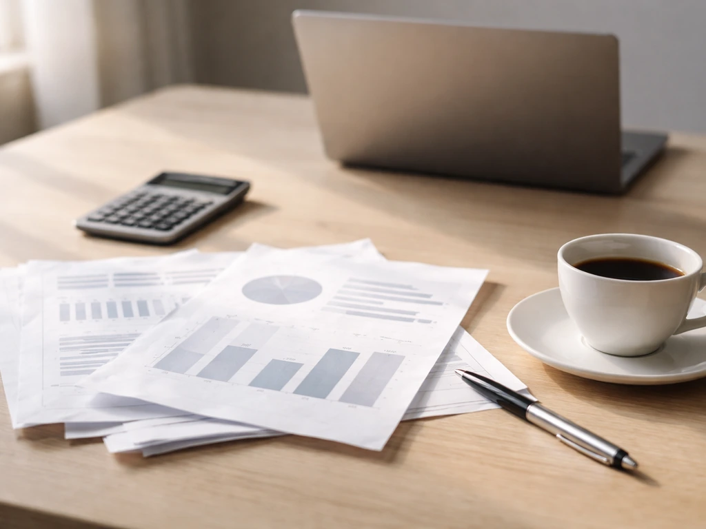 Close-up of a desk with scattered documents and a calculator, suggesting comparing different money estimates