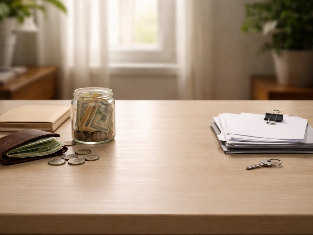 Minimal photo showing money-related objects split into assets and liabilities concepts.