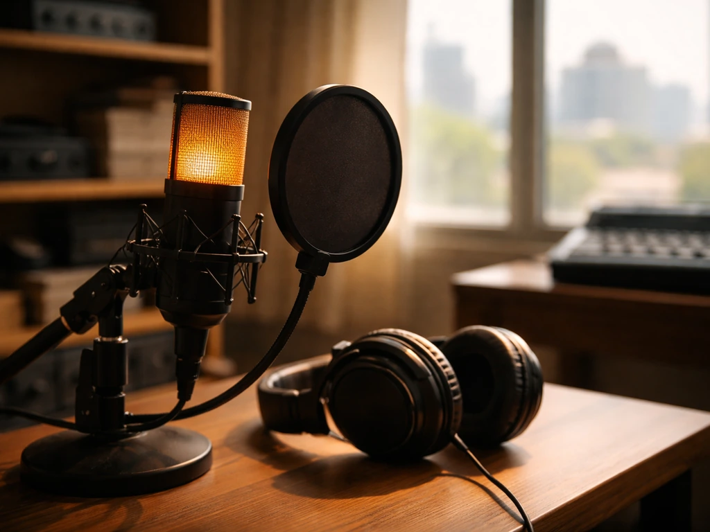Recording studio microphone and headphones in a control room, symbolizing animated voice work and media income.