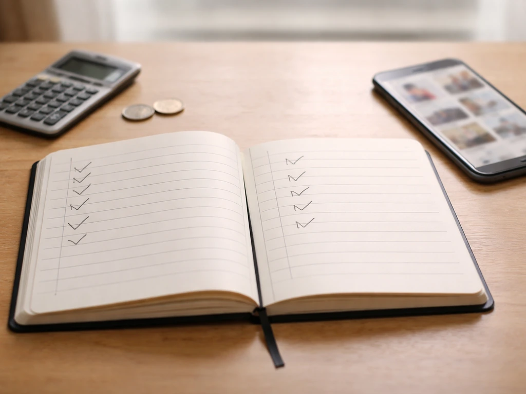 Two open notebooks with calculator and blurred phone thumbnails, symbolizing differing estimation methods