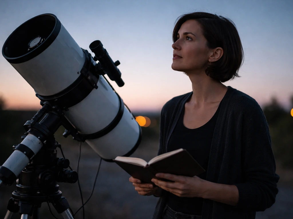 Anonymous woman astronomer beside a telescope at dusk, night sky bokeh, focused and authoritative.