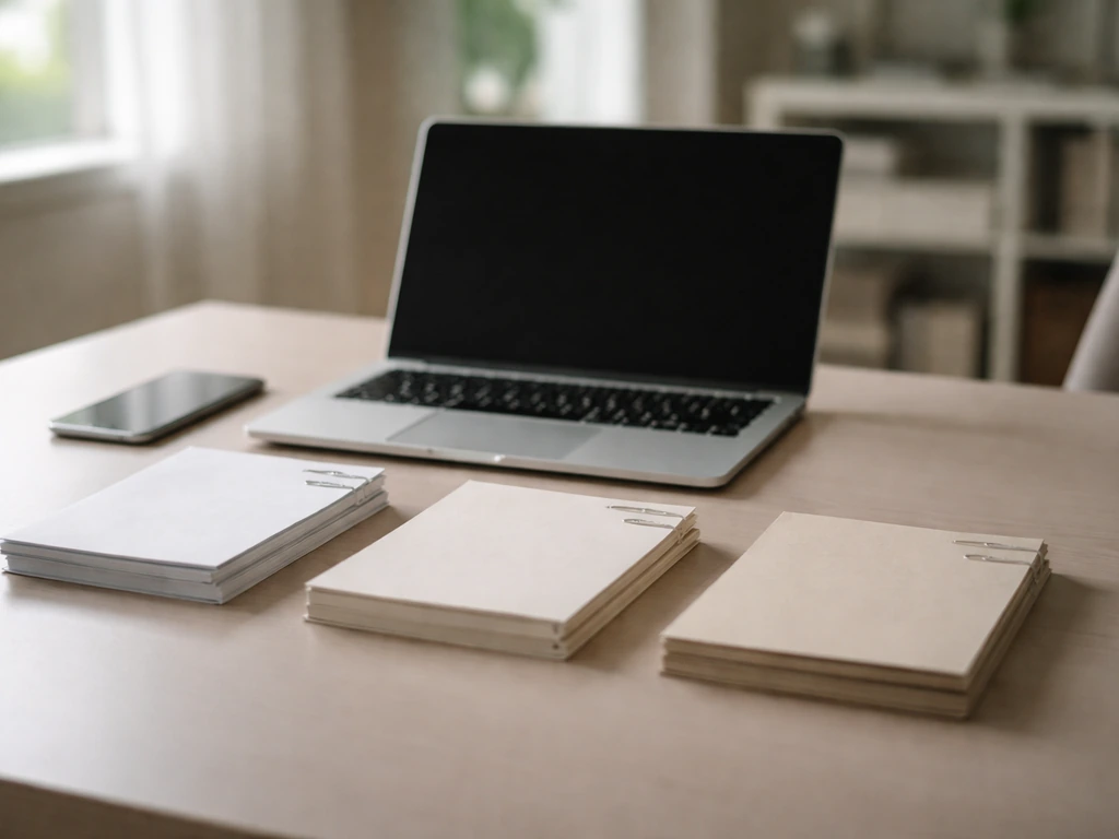 Minimal office desk with a laptop, smartphone, and neatly stacked documents symbolizing net-worth sources.