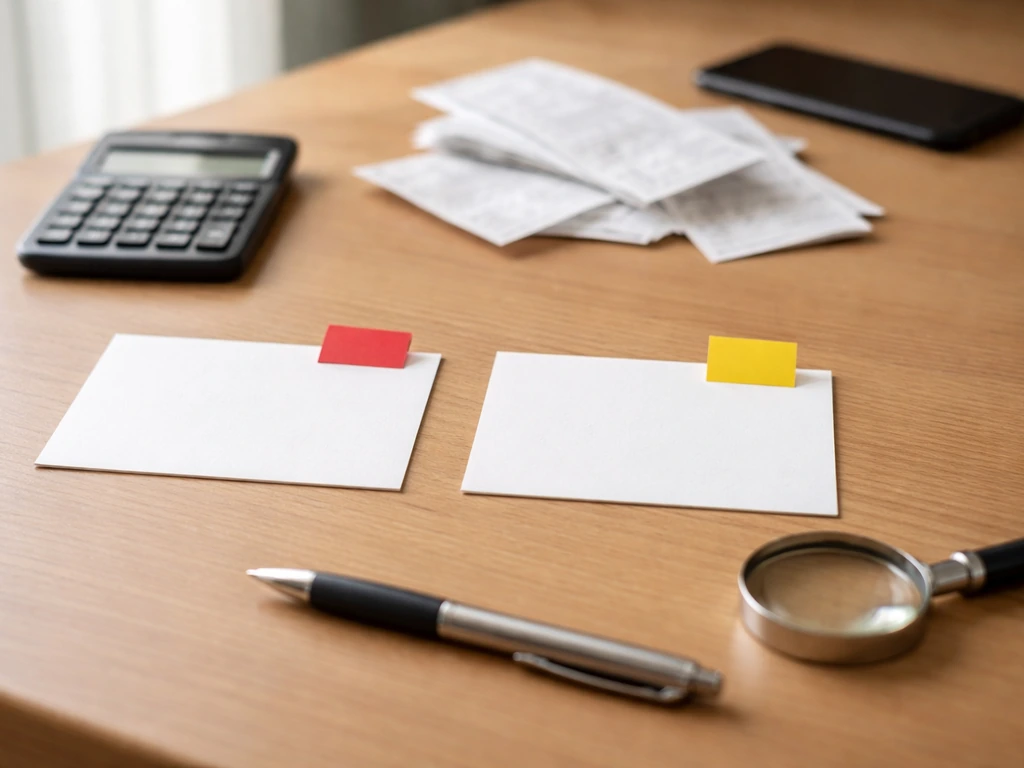 Two blank estimate cards on a desk with money and a magnifying glass to imply checking reliability.