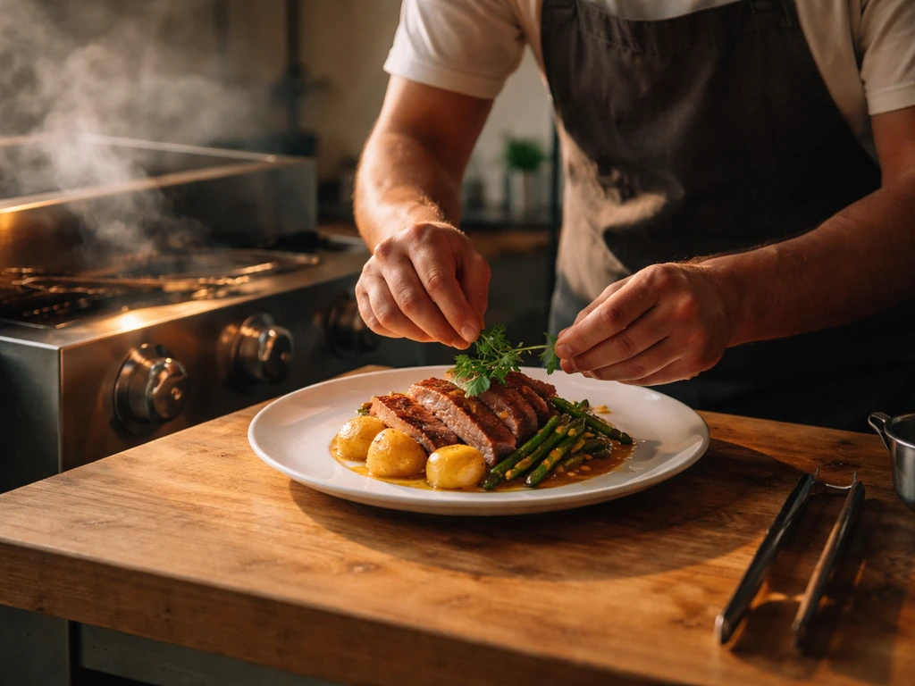 Anonymous chef plating food near a BBQ grill, hinting at a cooking competition and lifestyle wealth