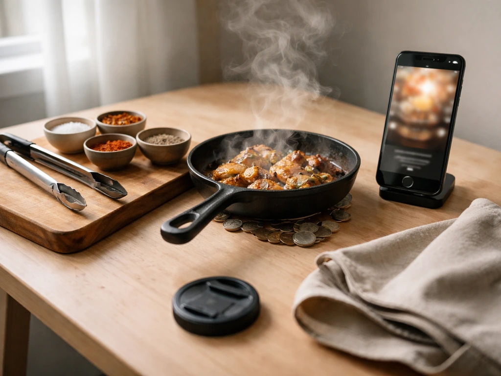 BBQ spices, skillet and coins on a simple table with a blurred streaming glow from a smartphone.