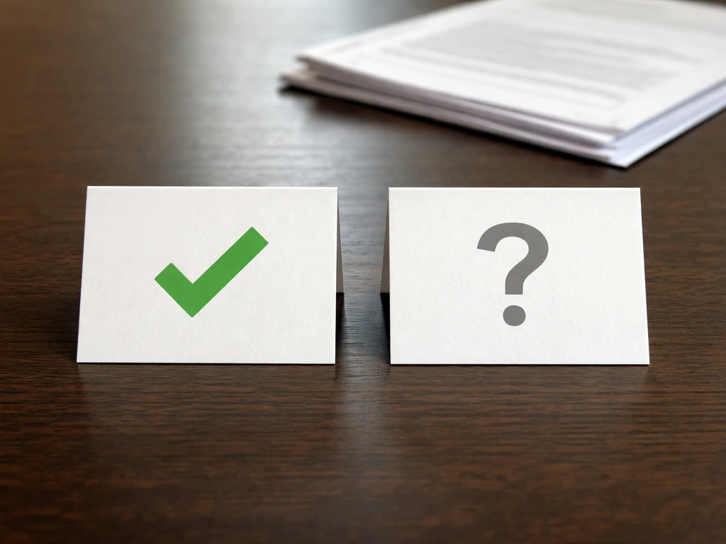 Two desk cards with a checkmark and a question mark beside out-of-focus documents.