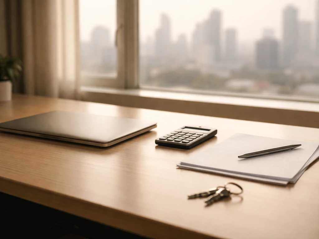 Office desk with a calculator beside neatly stacked documents and a blurred city skyline at dusk