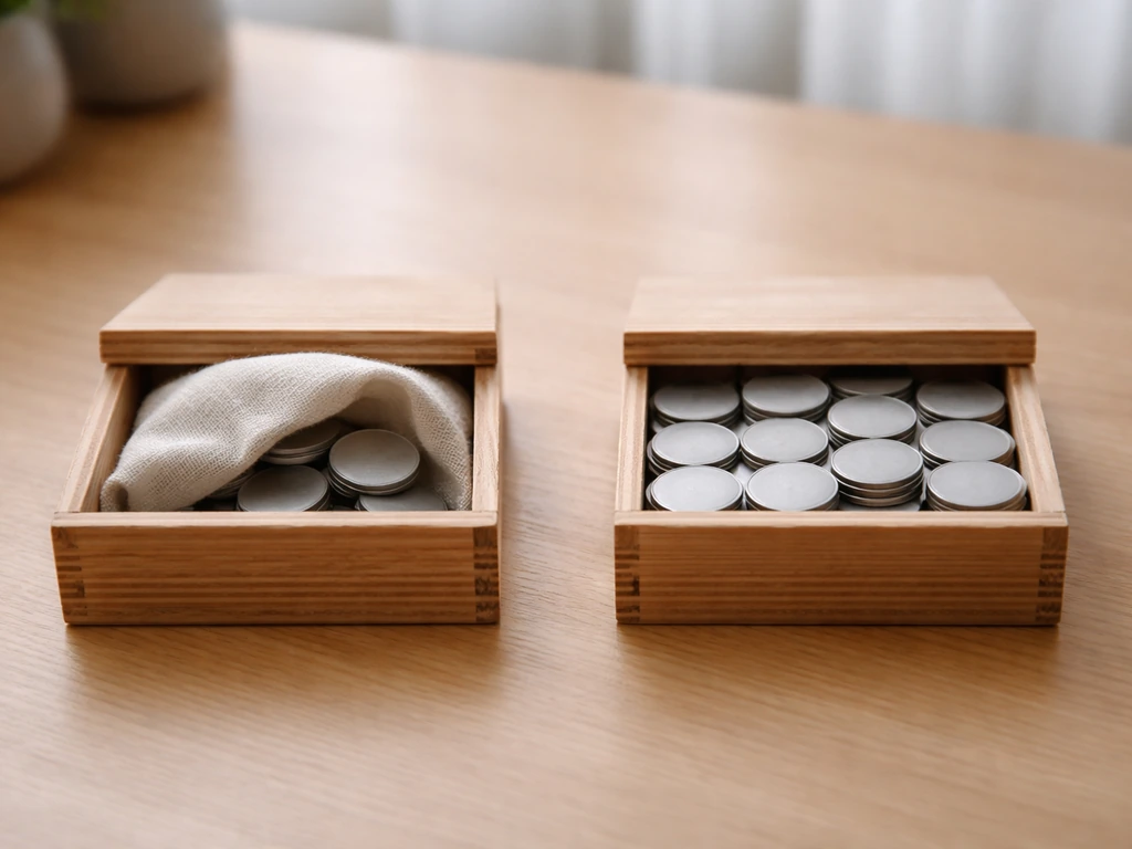 Minimal desk scene with two wooden boxes—tokens covered on one side, fully visible tokens on the other.