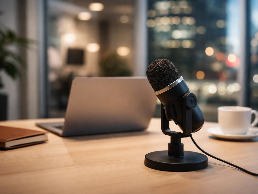 Minimal business media scene with a microphone on a desk beside a laptop, symbolizing a tech founder profile