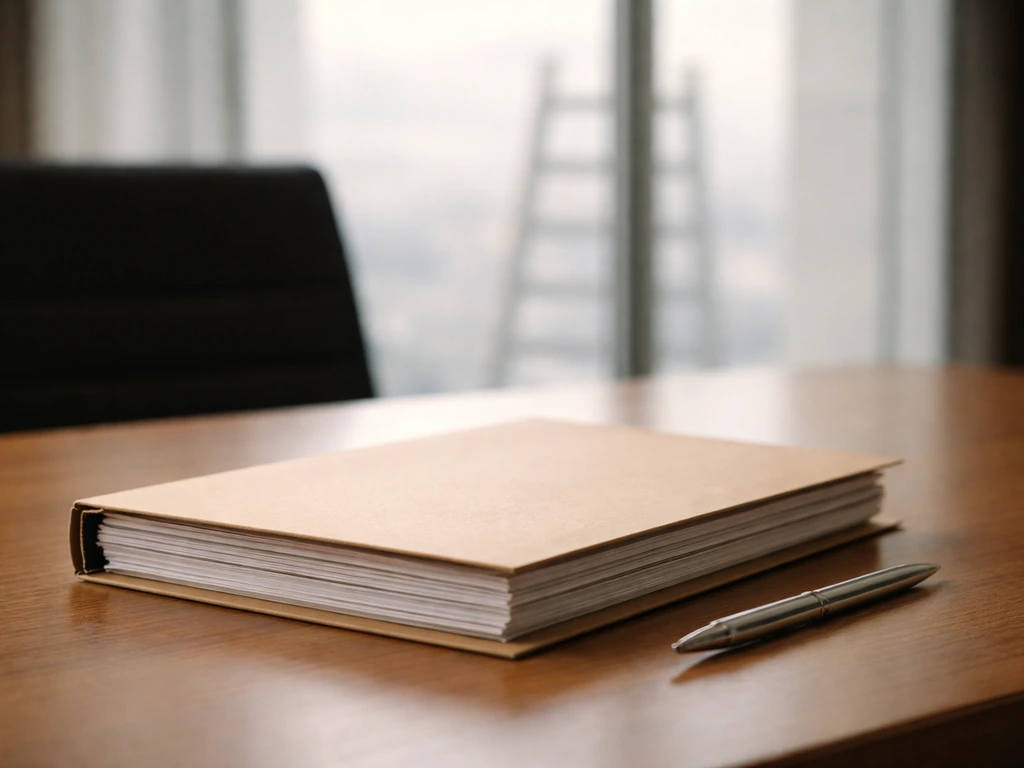 Attorney-style desk with a folder and a subtle corporate ladder backdrop, symbolizing legal career growth.