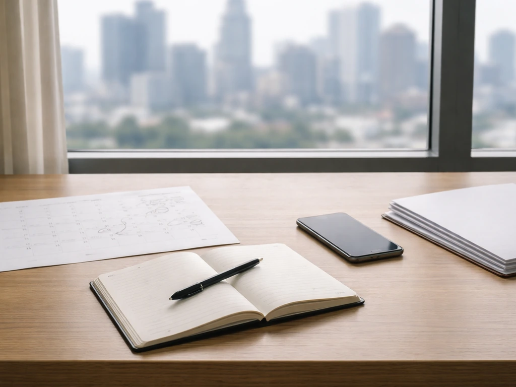 Minimal office desk with a calendar, notebook, and blurred city view suggesting business funding timeline.