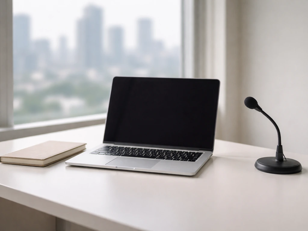 Minimal photo of a tidy desk with laptop, notebook, and a muted city view through a window