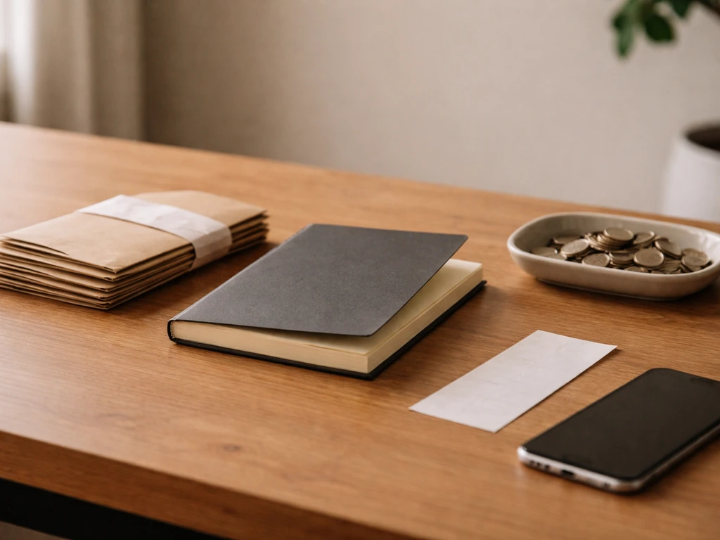 Minimal desk scene with cash envelopes and a notebook showing asset-minus-liabilities concept
