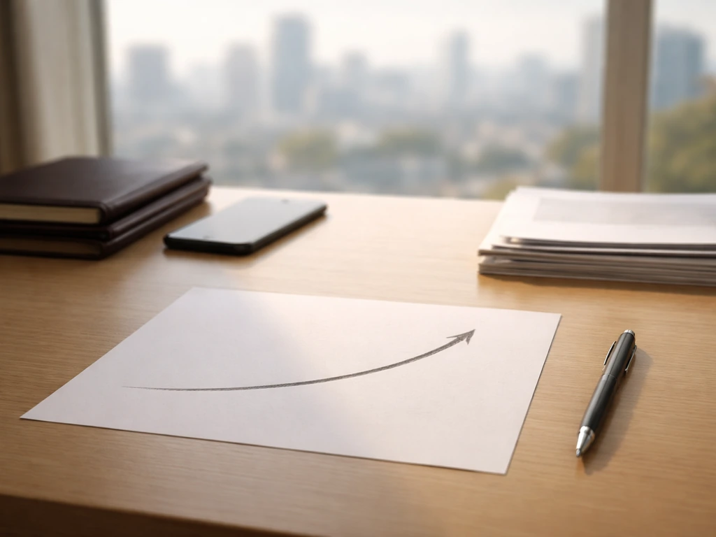 Minimal business desk with pen and a simple upward graphite curve suggesting wealth growth over time.