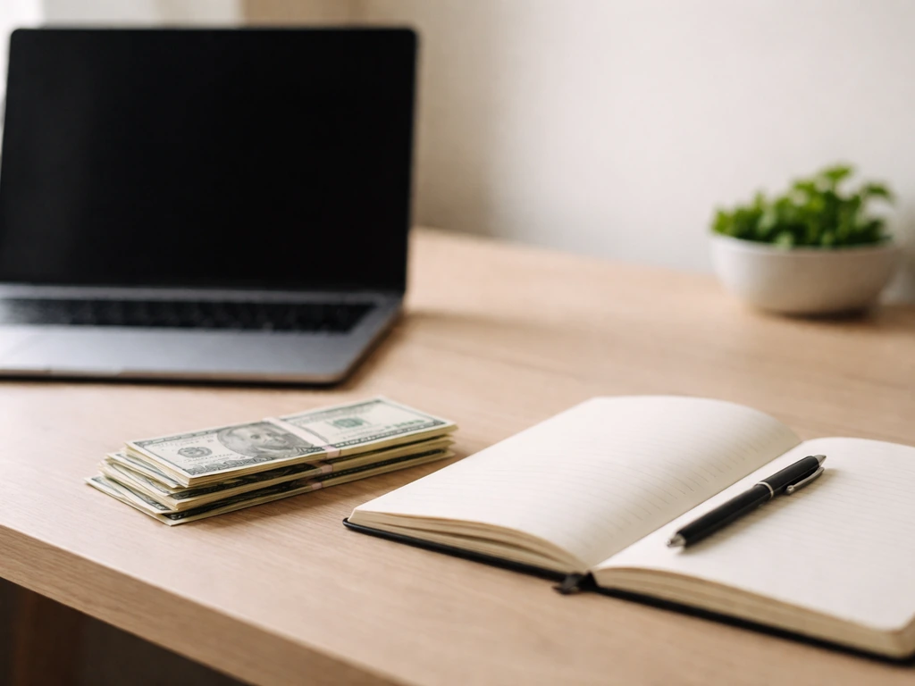 Close-up of a laptop beside cash and a notebook, symbolizing verifying identity and estimating net worth