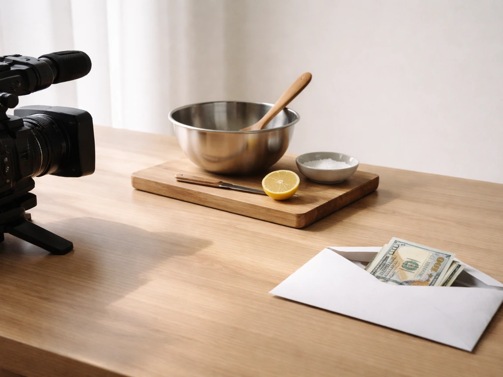 Minimal studio desk scene with media camera, food styling tools, and an envelope suggesting income streams.