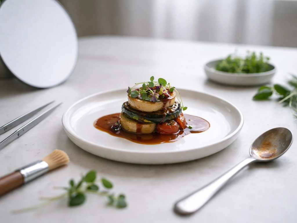 Close-up of a plated dish on a studio table with food styling tools and soft lighting reflectors