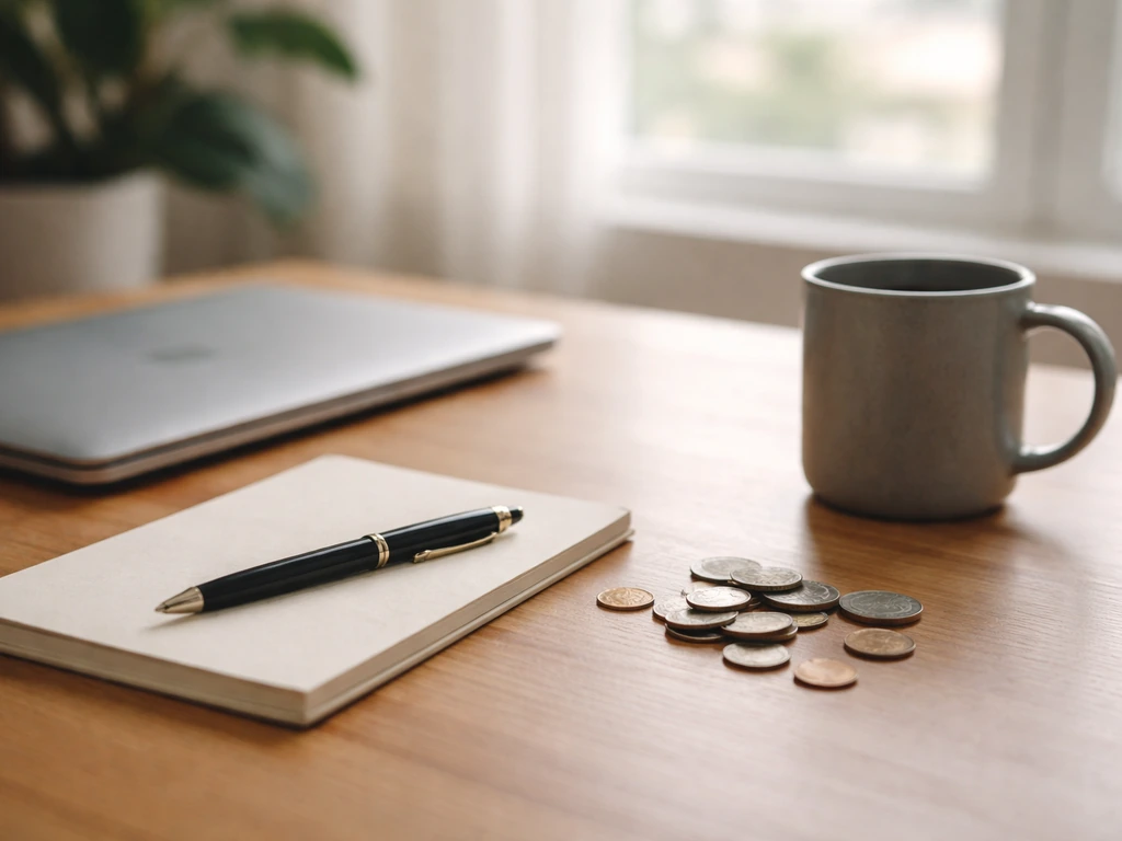 Minimal desk scene with coins, pen, and closed laptop suggesting financial analysis and uncertainty