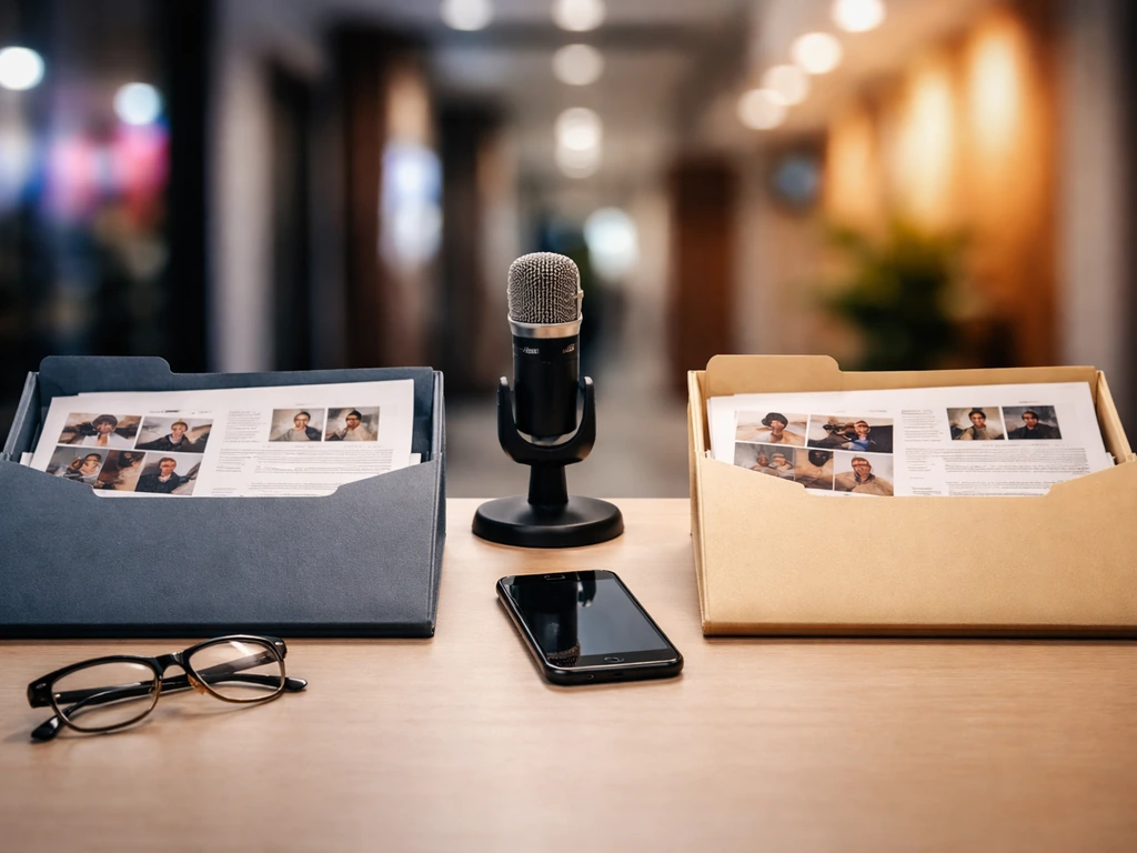 Minimal desk setup with two media folders and a smartphone, symbolizing comparing public profiles named Michelle Gomez.