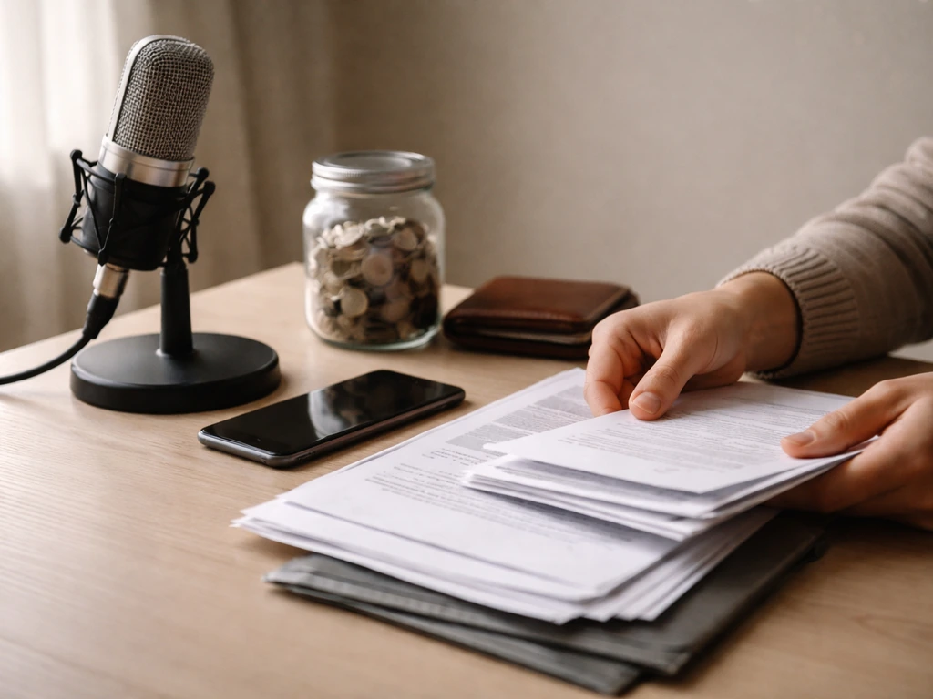 Anonymous hands sorting contract papers and envelopes beside a microphone and coins on a studio desk.