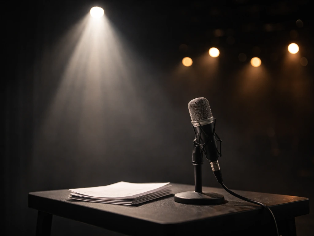 Minimal film and music-themed scene: theater stage lights and a microphone on a quiet studio table